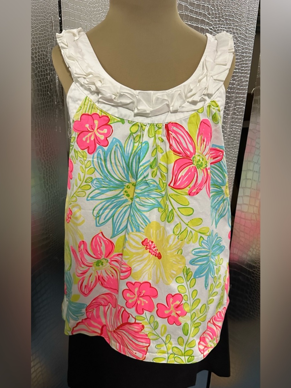 Lilly Pulitzer Floral Ruffle Collar Neon Hibiscus Tank Palm Beach Tropical Top